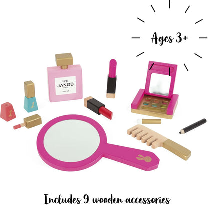 Janod - P'tite Miss Vanity Case for Children - 9 Solid Wood Accessories Included - Pretend Play Toy Beauty and Cosmetic, J06514, Pink