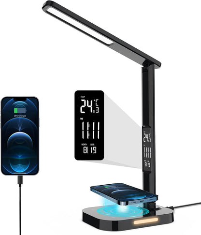 LASTAR Desk Lamp,Smart 18W Wireless Rechargeable Led Table Lamp, USB Charging, 5 Brightness Levels, 5 Colour Temperatures, Perpetual Calendar, Alarm Clock and Memory Function Desk Lamp for Home Office