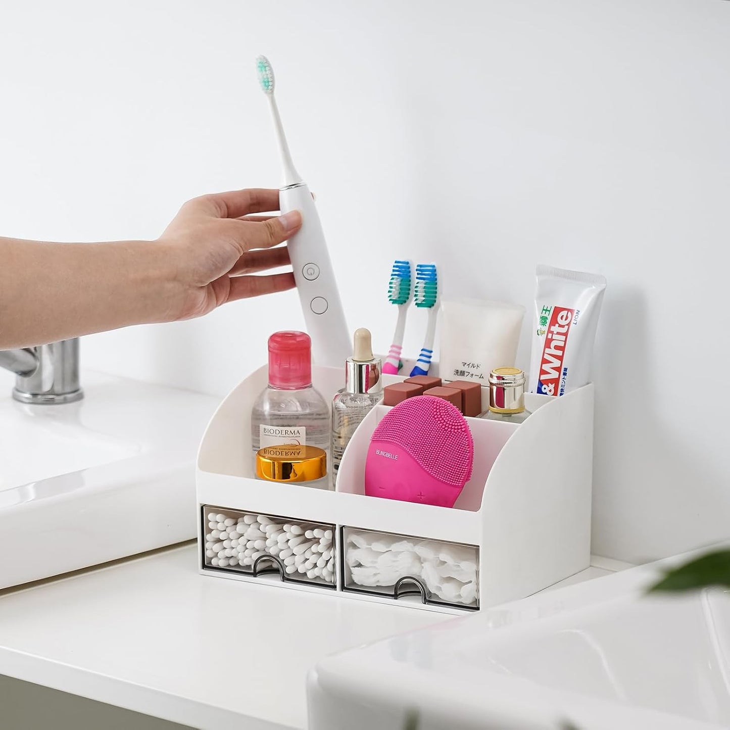 VITVITI Toothbrush Holder for Bathroom Electric Toothbrush Holder 6 Slots Bathroom Organizer 2 Drawers Countertop Toothpaste Holder Cosmetic Make Up Organizer Cosmetic Container