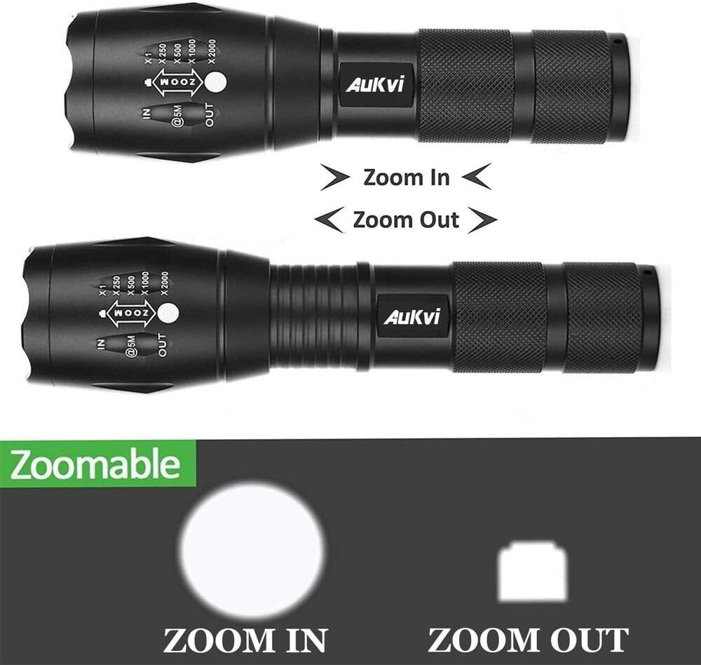 AuKvi TC1200 Tactical Flashlight 3000 Lumens Zoomable 5 Modes for Hurricane Camping Hiking etc (2-Pack)