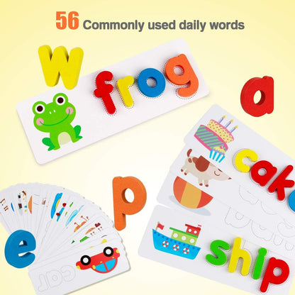 Coogam See Spelling Learning Toy Wooden ABC Alphabet Flash Cards Matching Shape Letter Games Montessori Preschool STEM Educational Toys for Toddler Kids Baby