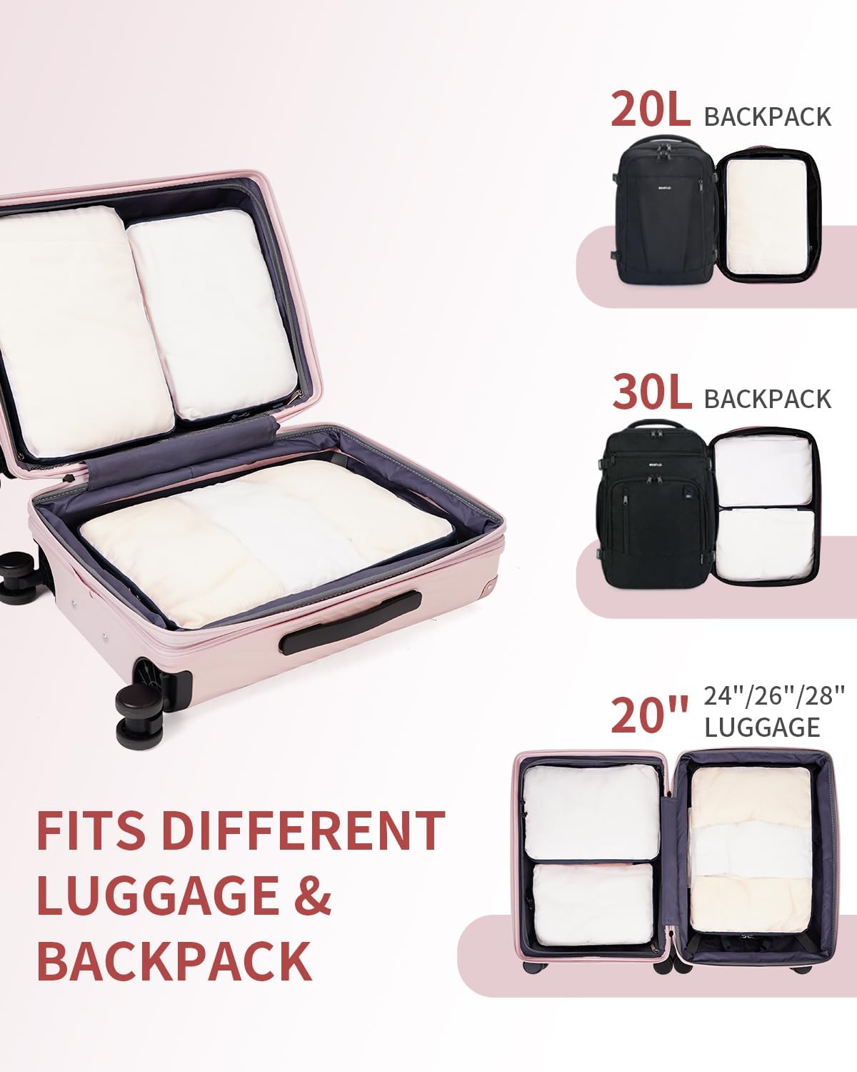 ECOHUB 6 Pieces Space Saving Compression Suitcase Organiser Travel Set with Shoe Covers, Dividers for Hand Luggage, Lightweight, Pink