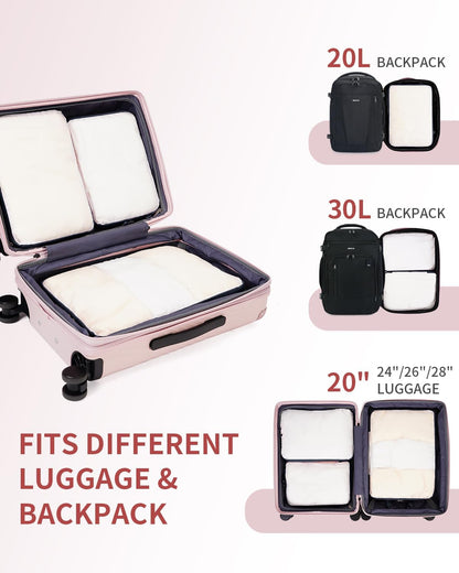 ECOHUB 6 Pieces Space Saving Compression Suitcase Organiser Travel Set with Shoe Covers, Dividers for Hand Luggage, Lightweight, Pink