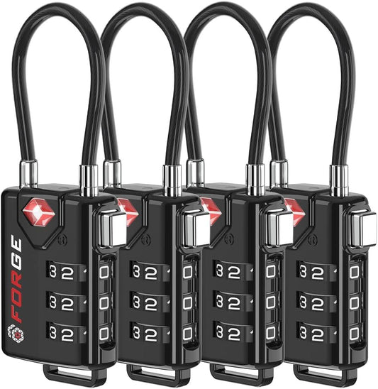 Forge TSA Approved Cable Luggage Locks - Black - Easy Read Dials with Alloy Body
