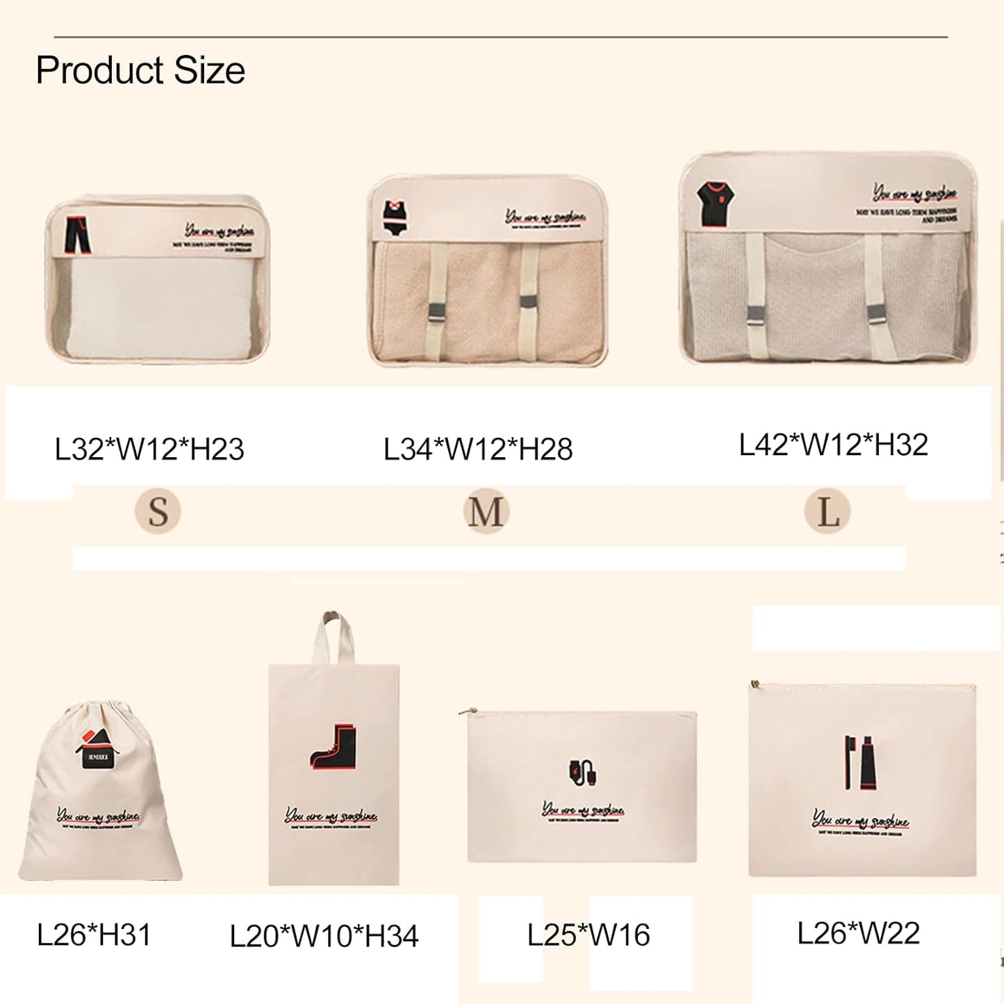 Travel Luggage Organizer Set - 7pcs Packing Cubes, Garment Bags, Shoe Bag, Laundry Bag, Electronics Pouch, Variety Of Sizes(Beige)