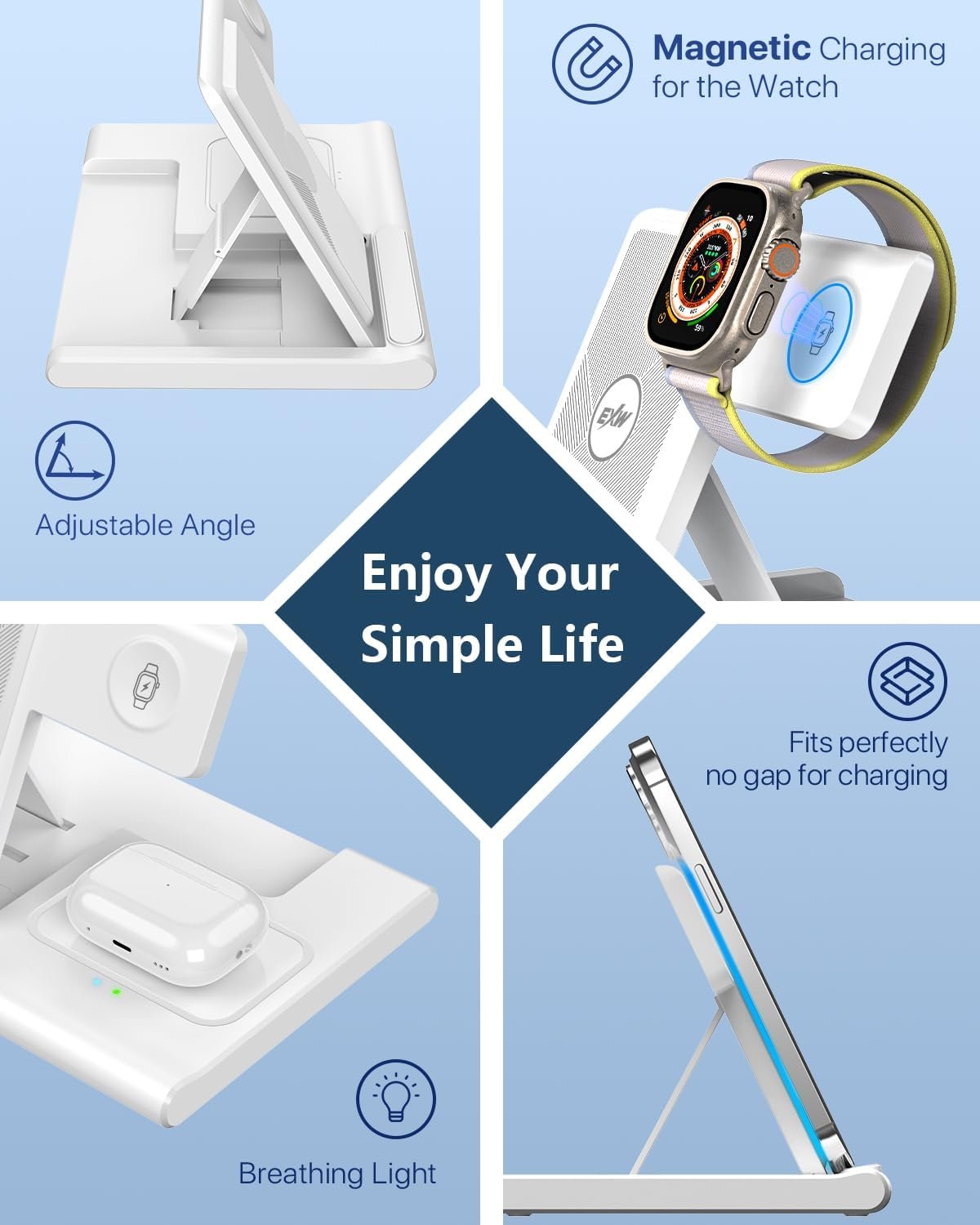 EXW Wireless Charging Station, 3 in 1 Charging Station for Apple Devices, Wireless Charger for iPhone 16 15 14 13 12 11 Pro & Max Series, AirPods Pro/4/3/2, Apple Watch (White)