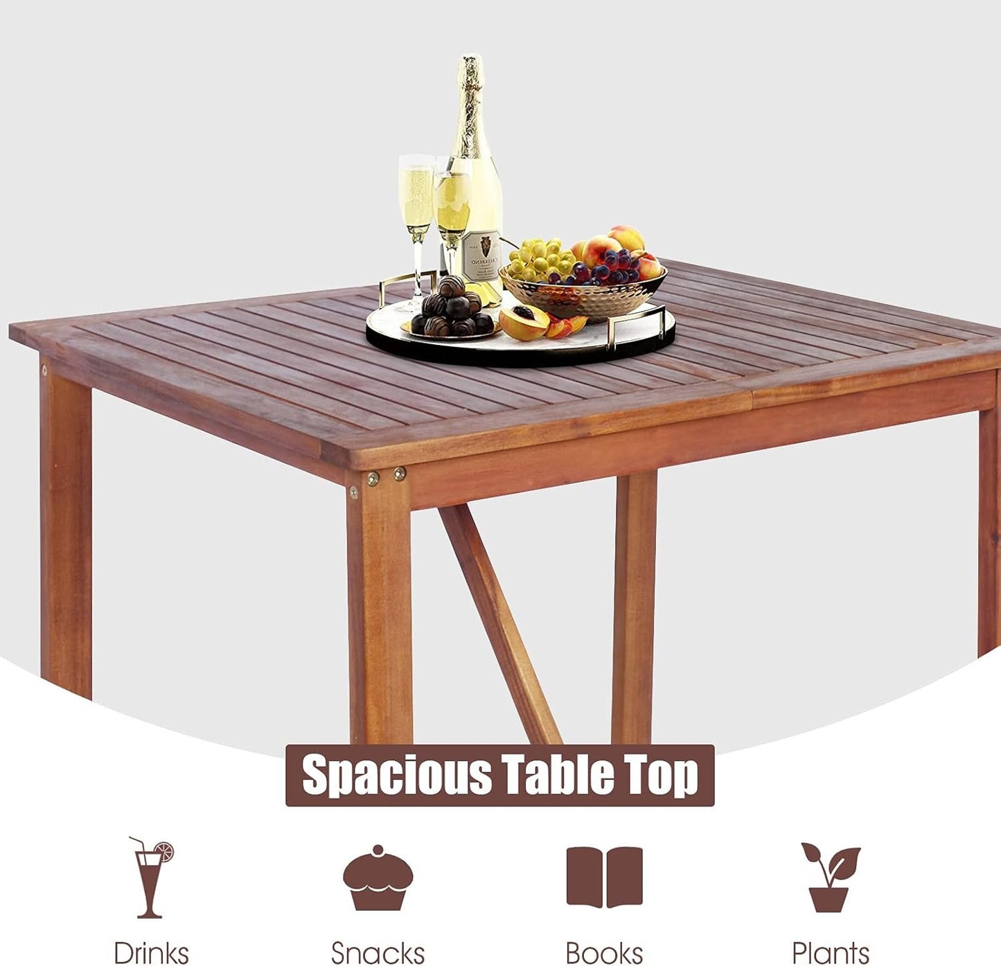 COSTWAY 3PCS Bar Table Set, Outdoor Acacia Wood Dining Set, Spacious Tabletop, Comfortable Backrest, Suitable for Sunroom, Backyard, Balcony, Space-Saving Design