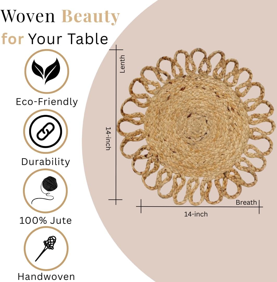 Jute Hand Braided Placemats Set of 6 | 14 Inches Artistic Round Tablemats for Kitchen Dining Table Top Sustainable Rug Mats & Dinner Table Plate Pads Mates Rustic Natural Fiber Vintage Natural Beige