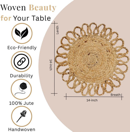 Jute Hand Braided Placemats Set of 6 | 14 Inches Artistic Round Tablemats for Kitchen Dining Table Top Sustainable Rug Mats & Dinner Table Plate Pads Mates Rustic Natural Fiber Vintage Natural Beige