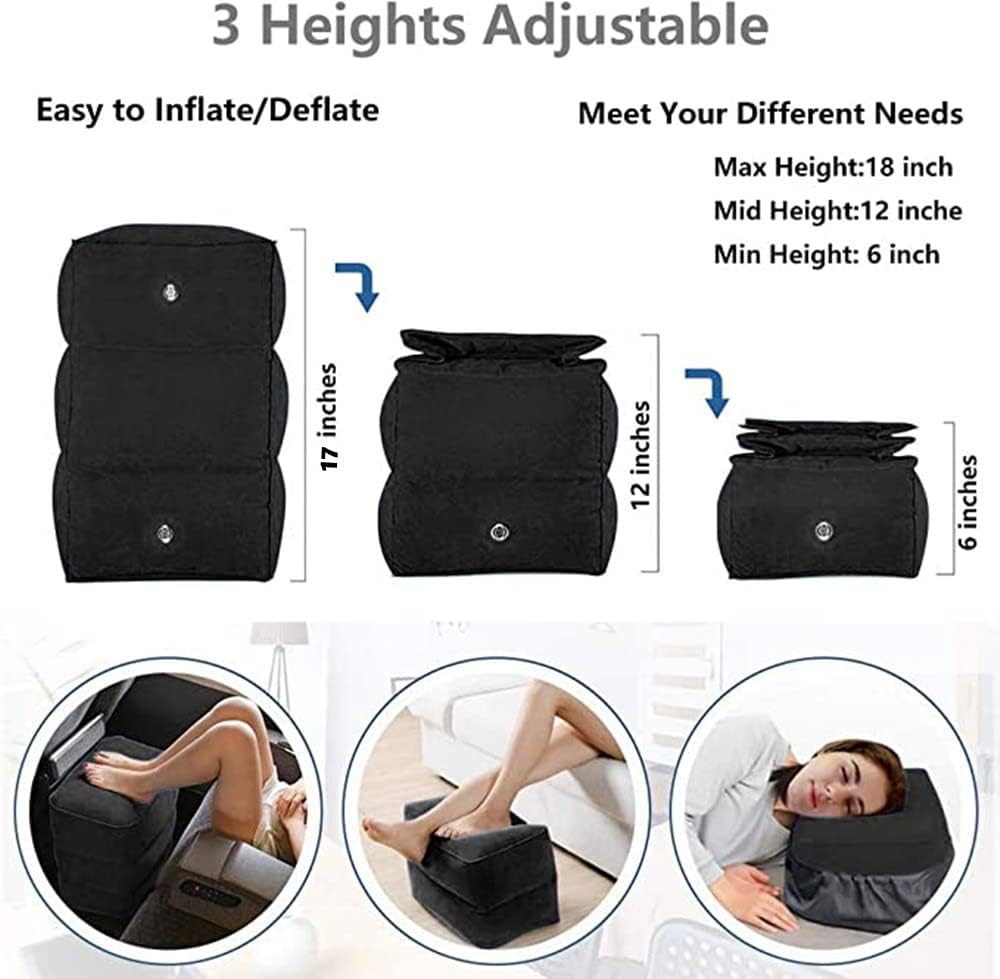 PEACESUN Inflatable Travel Foot Rest Pillow, Airplane Travel Pillow, Adjustable 3 Layers Height Leg Rest Pillow, Airplane Travel Essentials Great for Airplane, Office, Home, Trains, Cars (Black)