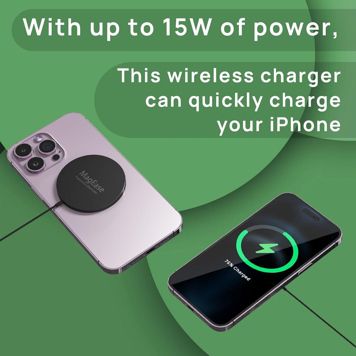 Magnetic Wireless Charger,MagEase 15W mag~Safe Wireless Charger Compatible with iPhone 16/15/14/13/12 Series and AirPods 3/2/Pro, Charging Pad with USB-C Cable and USB-A Converter (Black)