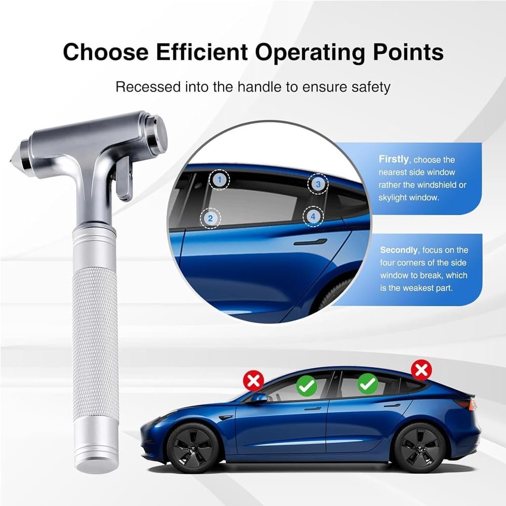 Car Safety Hammer with Whistle, Car Window Emergency Escape Breaker with Seat Belt Cutter, Aluminum Alloy Automotive Life Saving Rescue Tools (Silver)