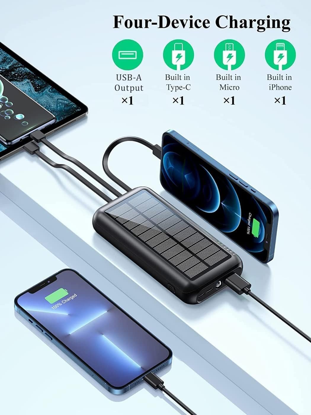 UYAYOHU Power-Bank-Solar-Portable-Charger - 40000mAh Power Bank Large Capacity Built in 3 Output and 1 Input Cables and Flashlight 5V3.1A Quick Charge Compatible with All Smart Phones and USB Devices