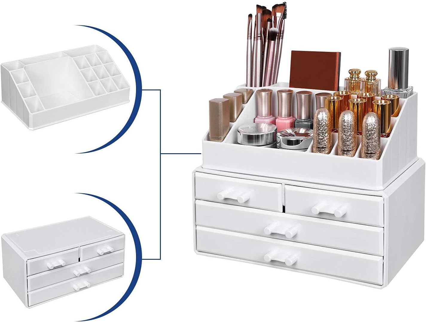 SONGMICS Makeup Organizer, Cosmetic Organizer with 4 Drawers and 16 Compartments of Different Sizes, Non-Slip Mats, for Make Up Accessories and Jewelry, White JKA0010TP