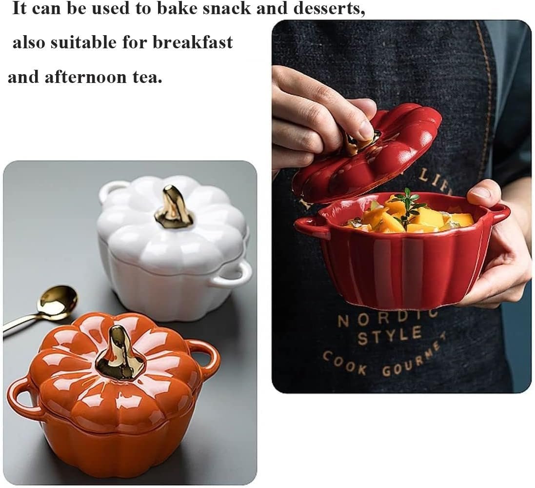 Dutch Oven Pot With Lid, Pumpkin-Shaped Pottery Dessert Saucepan, Mini Baking Dish Cute Bowl, Covered Ceramic Stockpot, Casserole (Orange)