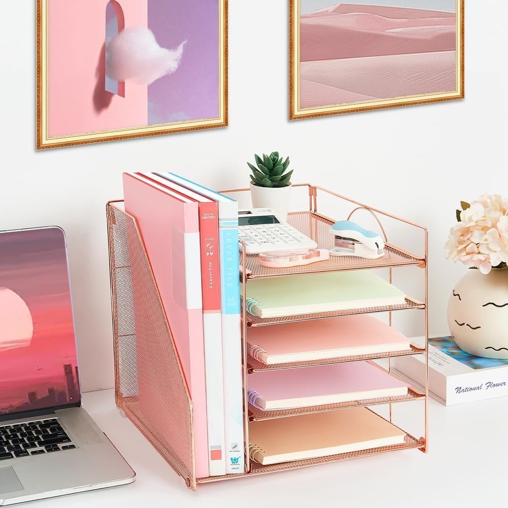 Gugsey Desk Organizer and Accessories, 5-Tier Paper Letter Tray with File Holder, Mesh Desktop File Organizers for School, Home, Office Supplies Organization and Storage (Rose Gold)