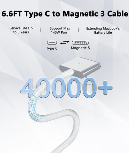 140W C to Magnetic 3 Charger, Compatible with MacBook Air 13, 15 Inch/Mac Book Pro 14, 16 Inch, M1/M2/M3/M4 from 2021/2022/2023/2024/2025 Models, 6.6FT【Original Quality】