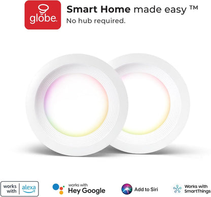 Globe Electric 50284 Wi-Fi Smart 4" Slim Baffle LED Recessed Lighting Kit 2-Pack, No Hub Required, Voice Activated, 9 Watts, Multicolor RGB, Tunable White, 540 Lumens, Wet Rated, 4.25" Hole Size