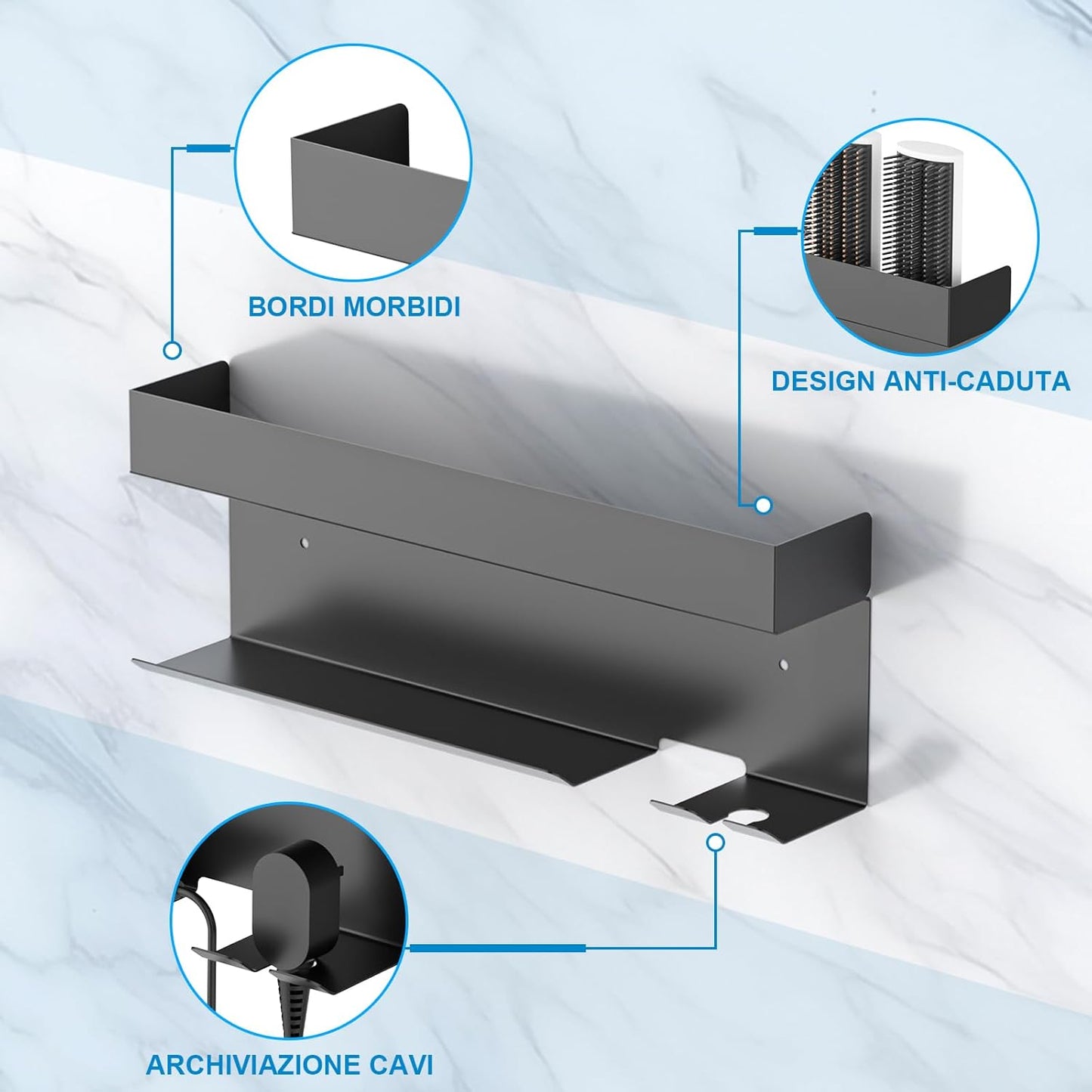 Gaethra Wall Mounted Hair Dryer Holder, 7 in 1 Strong and Rustproof Adhesive Holder, Perfect for Bathroom and Hair Care, Includes Hair Straightener Holder, Black Bathroom Hairdryer Hanger