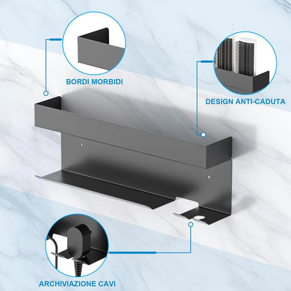Gaethra Wall Mounted Hair Dryer Holder, 7 in 1 Strong and Rustproof Adhesive Holder, Perfect for Bathroom and Hair Care, Includes Hair Straightener Holder, Black Bathroom Hairdryer Hanger