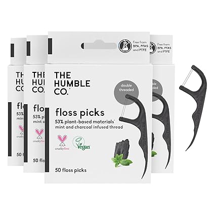 The Humble Co. Floss Picks (200 Count) – Plant Based Dental Floss Picks for Superior Oral Care, Dental Hygiene, and Gum Health, Cruelty Free Tooth Floss Picks (Charcoal, Double Thread)