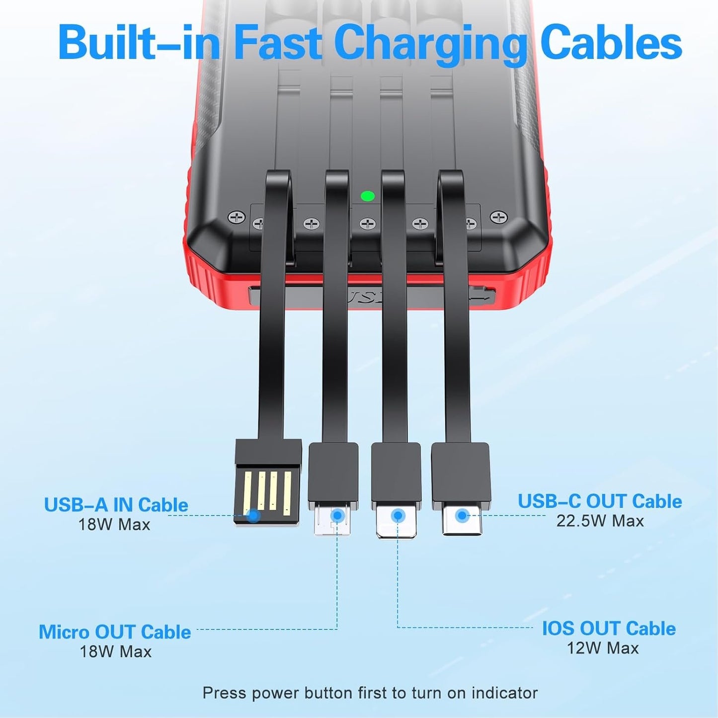 Solar Power Bank 33800mAh Built in 4 Cables, 22.5W USB C Fast Charging Portable Phone Charger, 6 Outputs & 4 Inputs with LED Camping Lights Battery Pack for Outdoor iPhone Samsung Tablet (Red)