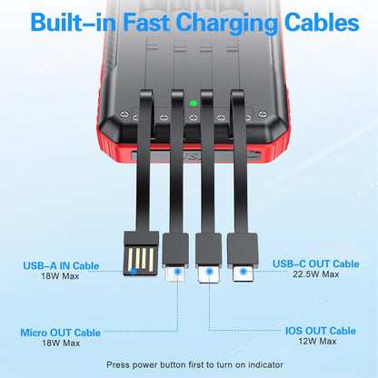 Solar Power Bank 33800mAh Built in 4 Cables, 22.5W USB C Fast Charging Portable Phone Charger, 6 Outputs & 4 Inputs with LED Camping Lights Battery Pack for Outdoor iPhone Samsung Tablet (Red)