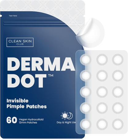 CLEAN SKIN CLUB Derma Dot Invisible Acne Patches,60 Count,Vegan Hydrocolloid for Covering Zits,Pimples,Blackhead,Blemish,Absorbing Face Cover Sticker,Skin Care Treatment,1 pack ,60.0 count