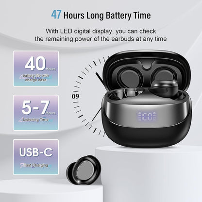 Sleep Earbuds Bluetooth 5.4 Sleep Headphones in Ear, Mini Wireless Earbuds for Side Sleeper, 47H Playtime Noise Cancelling Earphones with LED Display, HD Clear Calls, IPX7 Waterproof Ear Buds, Black