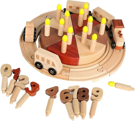 Birthday Cake Play Set, Wooden Party Cake Train Track Toy, Educational Preschool Learning Activity, 8.66x8.66x3.15 inches Colorful Cupcake Decorations for Kids Ages 3 and Up