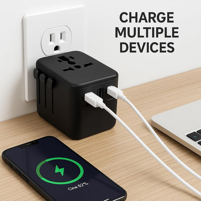 Universal Travel Adapter, International Travel Charger, Type A- Power Plug with 2 USB and Type-C PD, Fast Charging Adaptor for iPhone, Tablet, Gopro & Laptop, Black