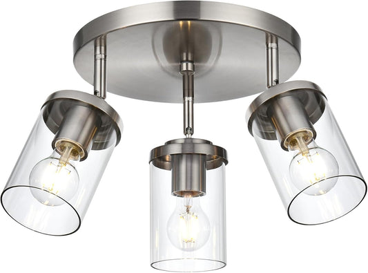 BONLICHT 3-Light Adjustable Round Spotlight Track Lighting Brushed Nickel Kitchen Light Fixture Semi Flush Mount Modern Directional Glass Hallway Ceiling Lights for Bedroom Office Picture Wall Bar