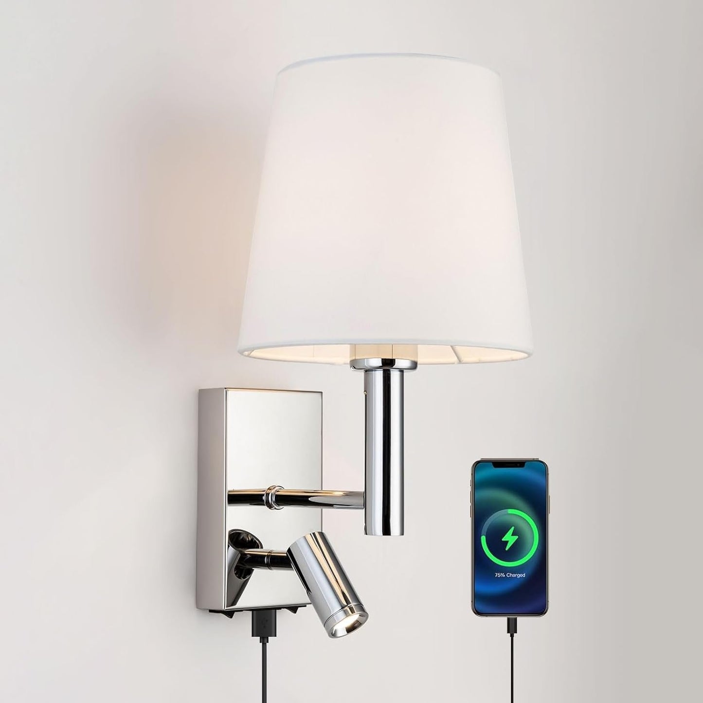 HARPER LIVING 1xE27/ES Up Down Wall Adjustable LED Reading Light, 1 USB Port and 2 On/Off Switches, Finish, Fabric (Cylinder Shade), Metal, Polished Chrome and White