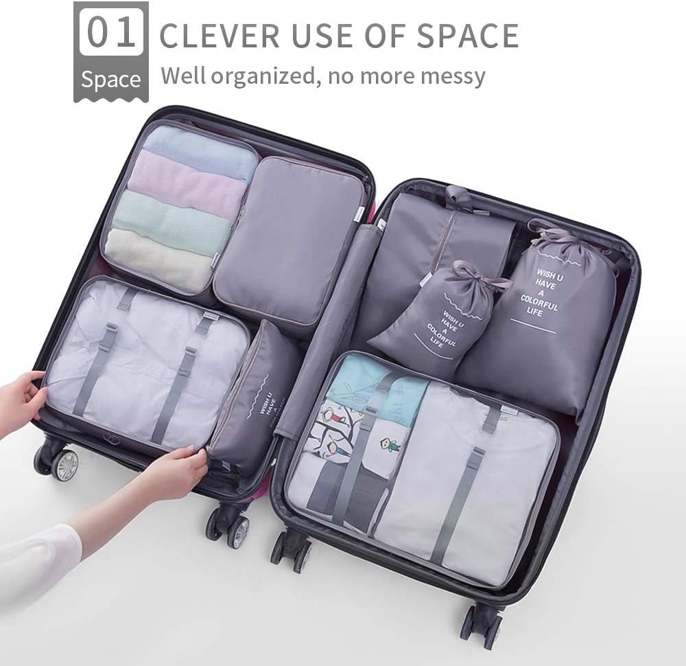 AMAYGA Organizer Suitcase Set of 8, Travel Organizers Cubes Packaging Laundry Bag Compression Bags for Clothes, Cosmetics, Shoes, Underwear (Grey), grey