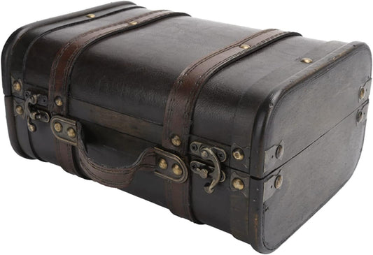 Vintage Decorative Wooden Storage Chest,Antique Wood Suitcase Trunk with Faux Leather Straps, Rustic Box for Home Decor, Event Props, Memory Keepsakes, and Organizing Essentials