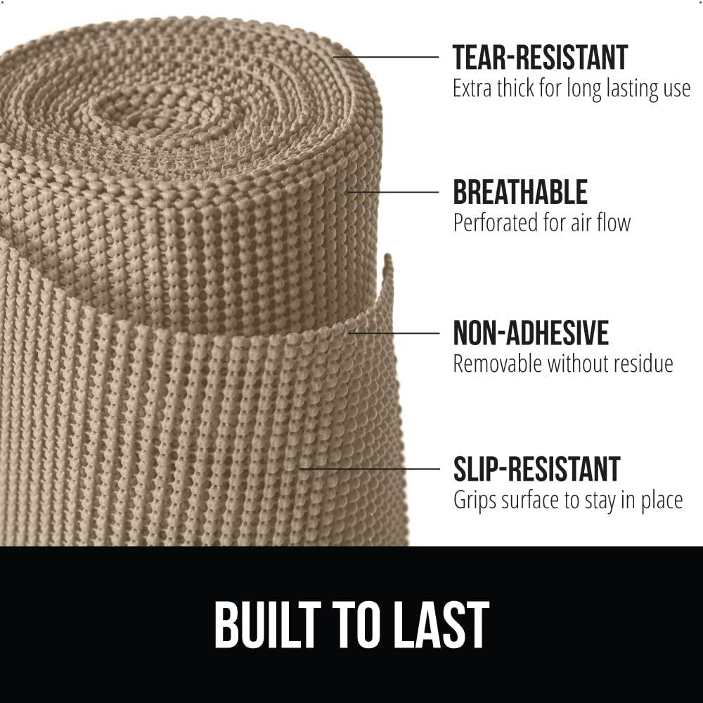 GORILLA GRIP powerGRIP Drawer Shelf and Cabinet Liner, Thick Strong Hold, Non-Adhesive Liners Protect Kitchen Cabinets and Cupboard, Bathroom Drawers, Easy Install, Breathable Mat, 12" x30', Beige