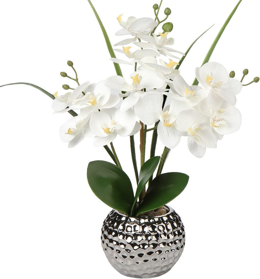 Artificial Orchids Flowers 20'' White Fake Flowers Arrangement Faux Orchid Plant with Silver Vase Phalaenopsis Orchid for Home Party Bathroom Table Living Room Office Kitchen Desk Decor