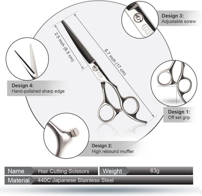 Hair Cutting Scissors Shears Set, CIICII Professional Hairdressing Scissors Kit (Hair Beard Trimming Shaping Grooming Thinning Shears) for Men Women Pets Home Salon Barber Cutting Kit (Silver)