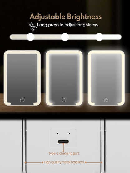 Qislee Travel Makeup Mirror with Lights, 3 Color Modes, Desk Mirror with Foldable Stand, Touch Dimming, Perfect Travel Accessory, White