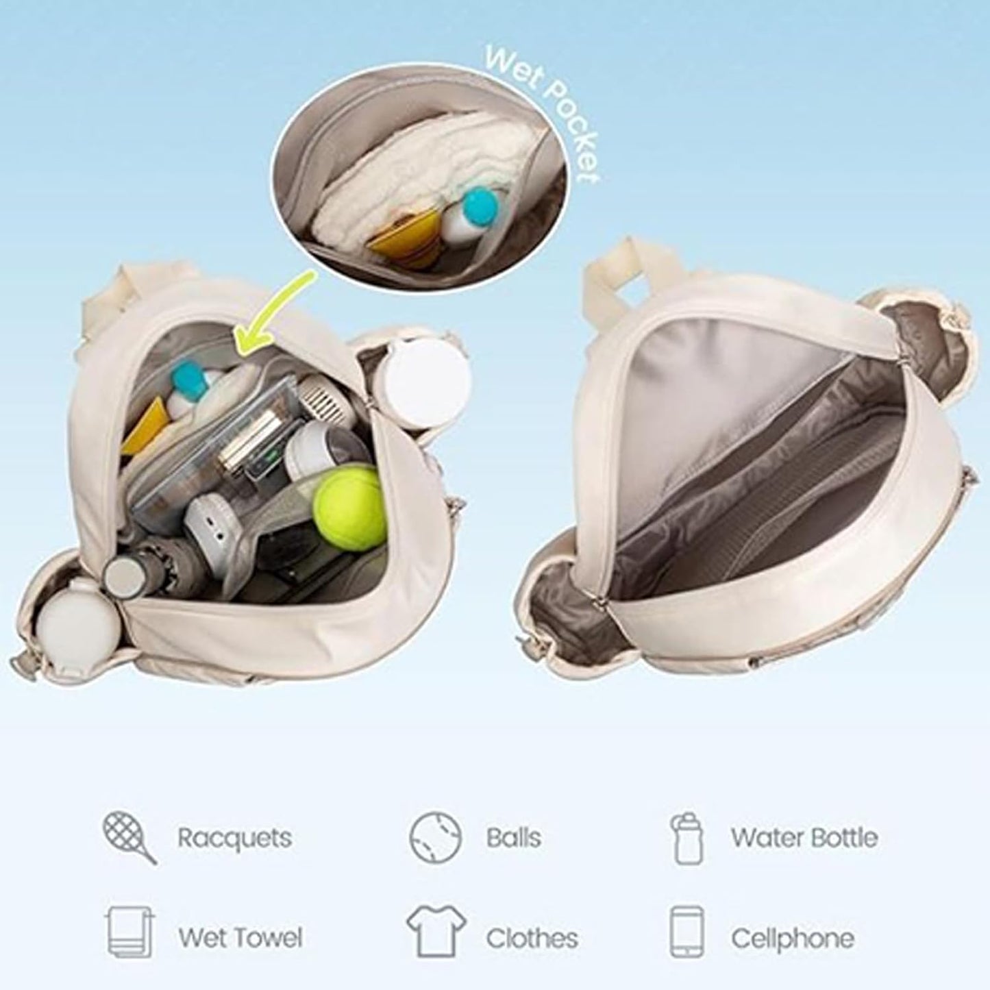 Athletic Racket Gear Backpack, Multi-Pocket Carry Bag, Waterproof Shell, 32x12x42cm Shoe Compartment Padded Straps, for Outdoor Gym Travel School Court Fitness Apparel Accessories