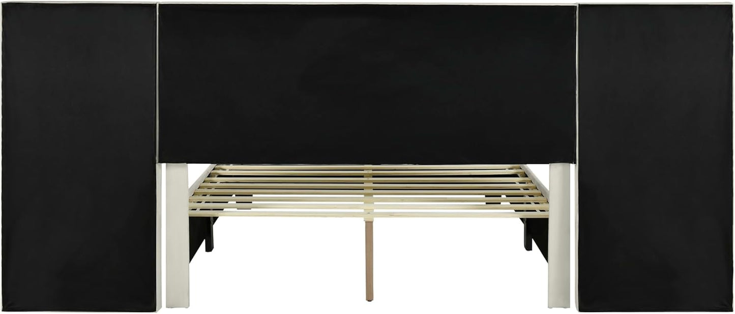 Moimhear Upholstered Bed, 160 x 200 cm, Double Bed with Extended Headboard and Backrest, Shelves on Both Sides of Headboard, Boys Velour Bed (Beige)