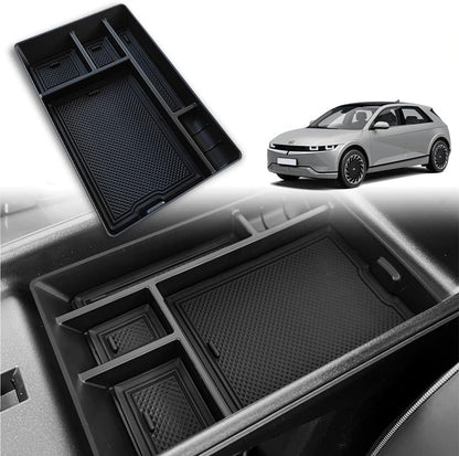 BestEvMod for Ioniq5 Armrest Storage Box Center Console Organizer Tray Interior Accessories with Rubber Black Trim Compatible with Hyundai Ioniq 5 2022-2025 Accessories(V1)