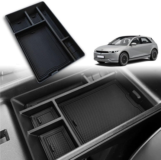 BestEvMod for Ioniq5 Armrest Storage Box Center Console Organizer Tray Interior Accessories with Rubber Black Trim Compatible with Hyundai Ioniq 5 2022-2025 Accessories(V1)