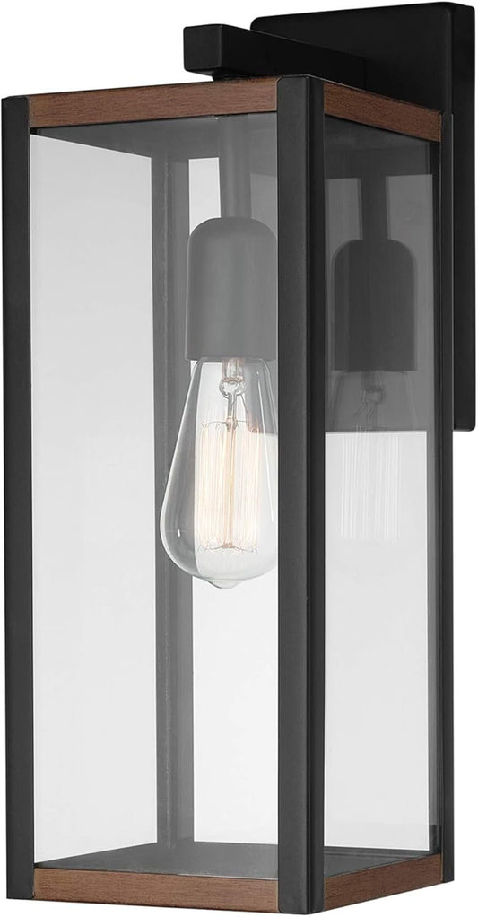 Globe Electric 44681 1-Light Outdoor Indoor Wall Sconce, Matte Black, Faux Wood Accents, Glass Shade, Wall Lighting, Porch Light, Wall Lights for Bedroom, Kitchen Sconces Wall Lighting, Home Décor