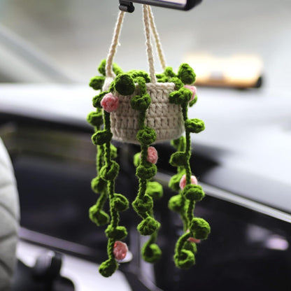 Minasona Cute Potted Plants Crochet Car Mirror Hanging Accessories for Women Men - Handmade Knitted Rear View Mirror Interior Aesthetic (Pink Flowers)