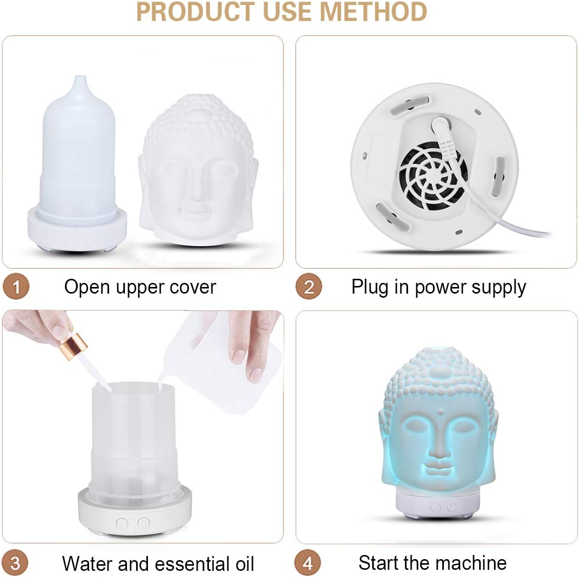 VOCD Buddha Head Aromatherapy Diffuser, Ultrasonic Cool Mist Essential Oil Diffuser, 7 Color Changed LED for Home, Office, Spa, Desktop, Car