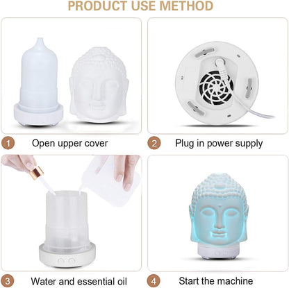 VOCD Buddha Head Aromatherapy Diffuser, Ultrasonic Cool Mist Essential Oil Diffuser, 7 Color Changed LED for Home, Office, Spa, Desktop, Car