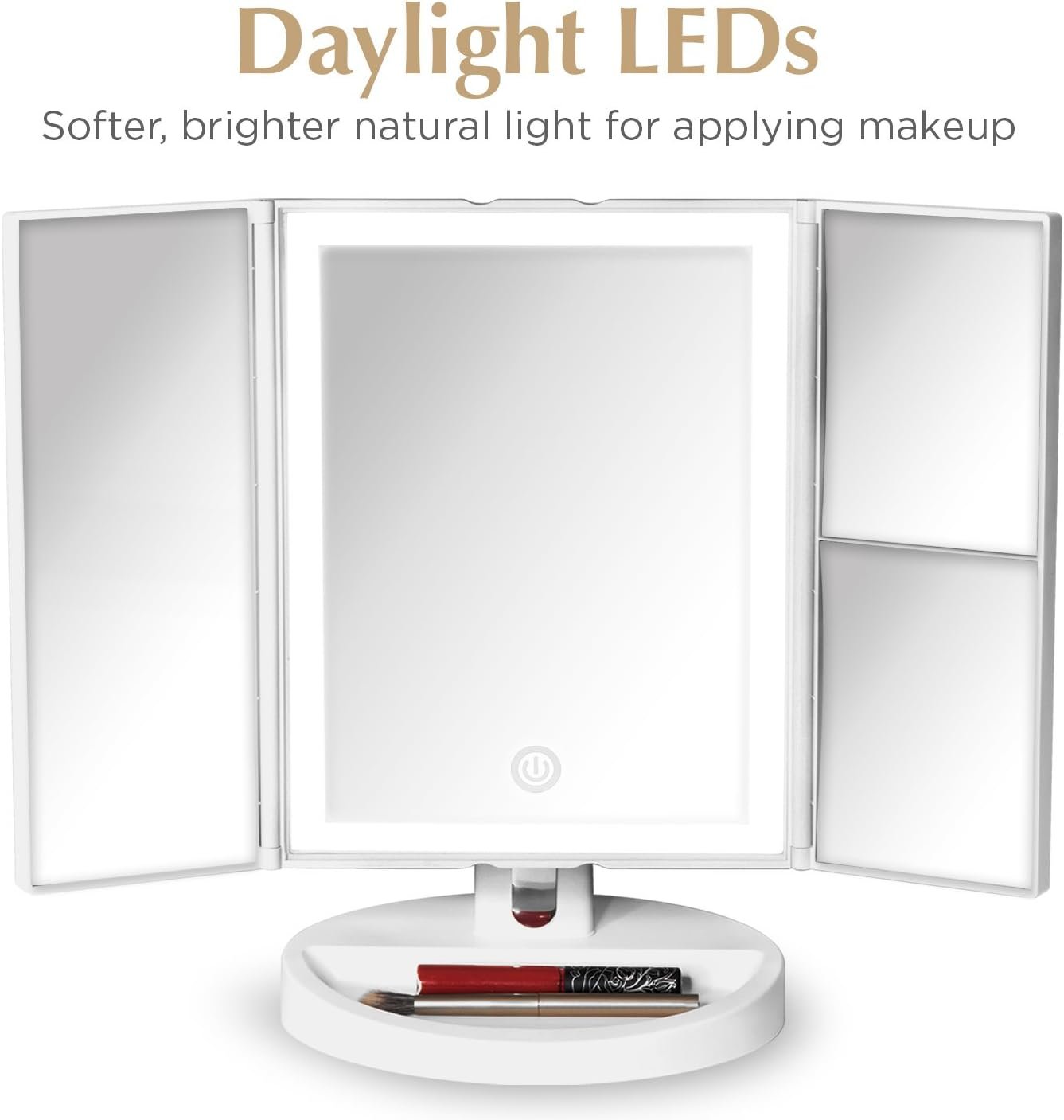 Fancii LED Lighted Vanity Makeup Mirror, Trifold Mirror with 5X and 10x Magnifications - 34 Dimmable Natural Lights, Touch Screen, Best Adjustable Countertop Mirror with Cosmetic Stand (Tria)