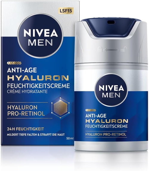 NIVEA MEN Anti-Aging Hyaluronic Moisturizing Cream, Face Care with Hyaluronic Acid, Pro-Retinol and SPF 15, Face Cream for 24 Hours of Moisture and Visible Wrinkles (50ml)