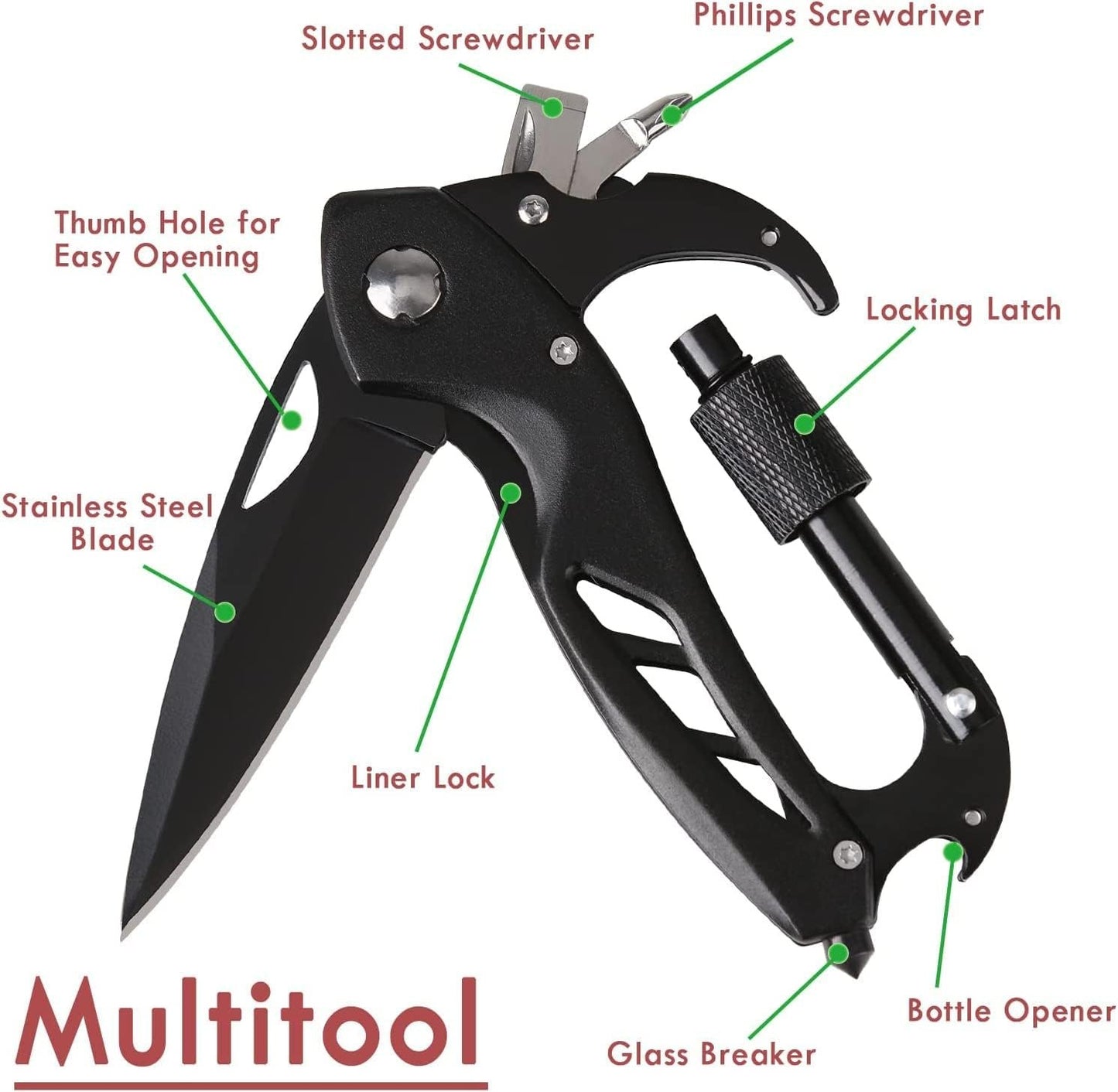 Multitool Carabiner with Folding Pocket Knife,EDC Carabiner Keychain with Bottle Opener, Window Breaker and Screwdriver,Survival Gear for Outdoor Camping Hiking